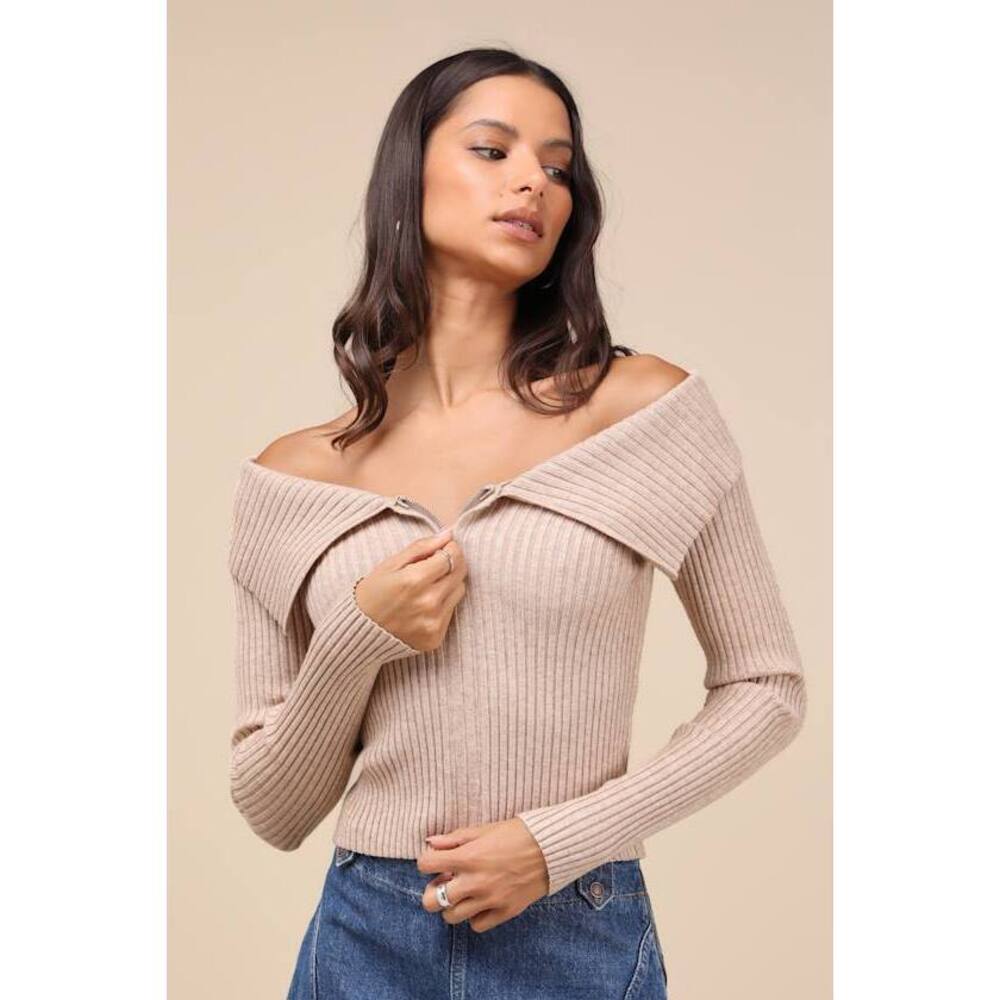 Lulus Cozy Crush Heather Beige Long Sleeve Zip-up Cardigan - Size M